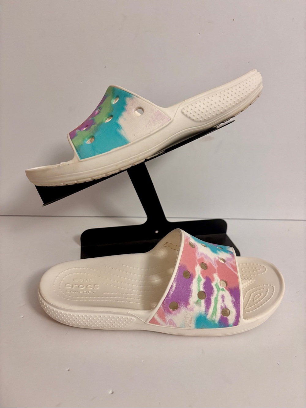 CROCS White Slide Sandals with Pastel Tie-Dye Strap M6 W8